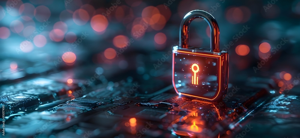 Poster padlock icon with fingerprint scanner and glowing led indicator on modern background