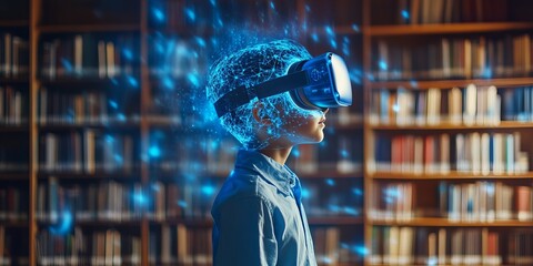 A school pupil wearing a VR headset interacting with AI-powered smart technology and machine learning in a library. The scene depicts interactive digital learning in a classroom environment, featuring