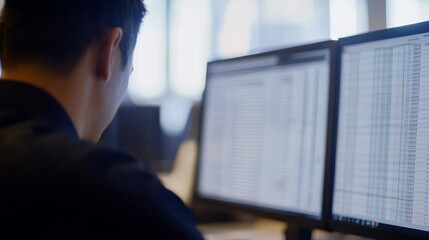 A person reviews extensive data on two computer screens while working in a contemporary office setting filled with natural light