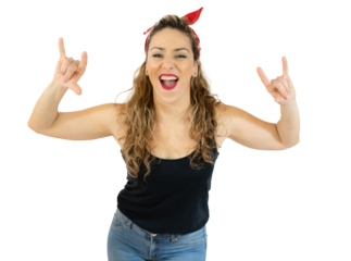 Portrait of woman standing over transparent background shouting with crazy expression doing rock symbol with hands up. music star. heavy music concept.