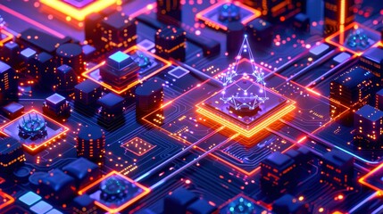 Obraz premium A vibrant digital landscape filled with neon cubes and intricate circuits in a futuristic realm