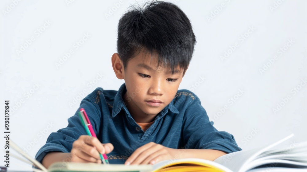 Poster a focused boy writes in a notebook while studying with books open on his desk