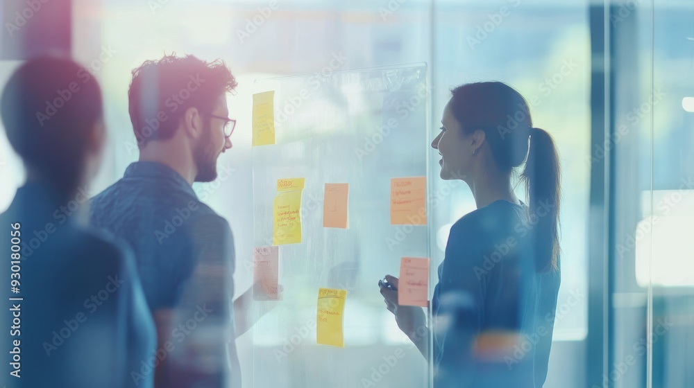 Poster two colleagues engage in a lively discussion while reviewing sticky notes on a clear board in a mode