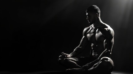 Kickboxer meditating before a match, sakyan tattoos glowing, monochromatic with a single bright color accent, minimalist design