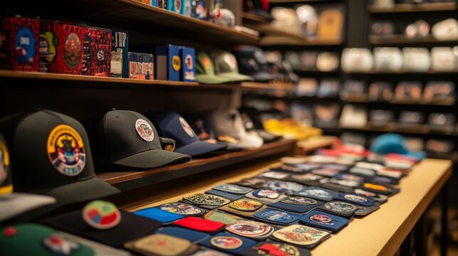 A variety of caps and embroidered patches are neatly arranged on shelves in a retail store, showcasing colorful designs and logos.
