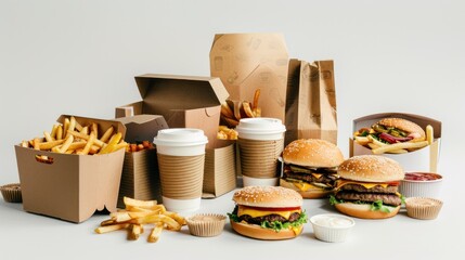 collection of fast food boxes in a recycle pack, delivery advertisement cardboard mockups. coffee cups, hamburgers,