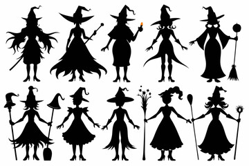 Witch silhouettes set, scarry witches bundle vector illustration