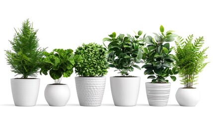 Fototapeta premium Collection of ornamental plants in white pots, isolated on a transparent background. PNG,