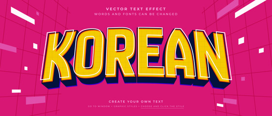 Korean style text effect on pink background, yellow and blue vector graphic style