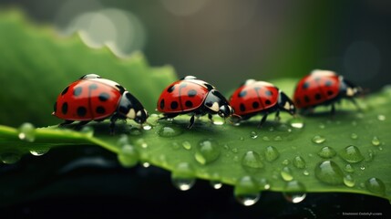 Fototapeta premium Three Ladybugs on a Dew-Covered Leaf