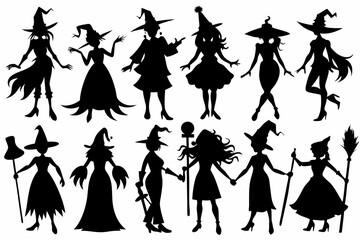 Witch silhouettes set, scarry witches bundle vector illustration