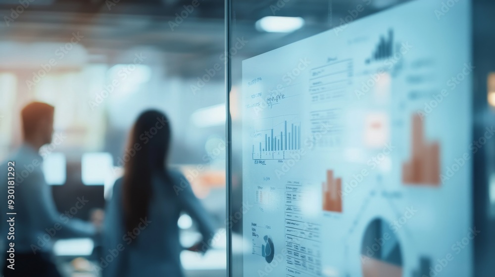Poster two individuals analyze performance metrics displayed on a large screen in a contemporary office set