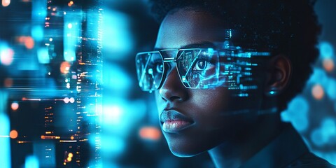 An ultra-realistic, editorial photo of a female cybersecurity analyst examining AI cyberspace threats on a computer screen in a dark, digital tech office or data center. The scene features blue lighti