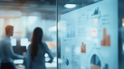 Two individuals analyze performance metrics displayed on a large screen in a contemporary office setting amid a collaborative atmosphere