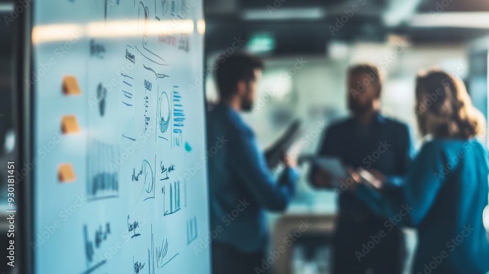 Poster a group collaborates on project concepts, examining charts and notes on a whiteboard in a contempora