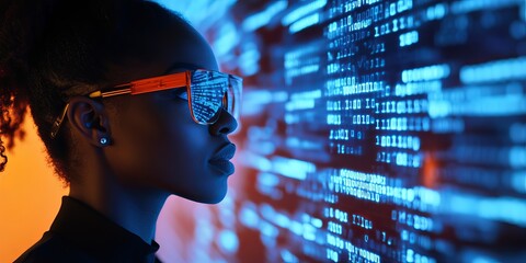 An ultra-realistic, editorial photo of a female cybersecurity analyst examining AI cyberspace threats on a computer screen in a dark, digital tech office or data center. The scene features blue lighti