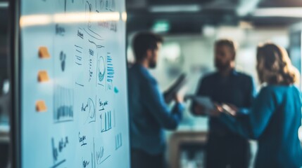 A group collaborates on project concepts, examining charts and notes on a whiteboard in a contemporary office environment