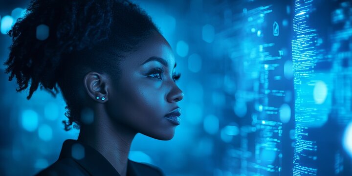 An ultra-realistic, editorial photo of a female cybersecurity analyst examining AI cyberspace threats on a computer screen in a dark, digital tech office or data center. The scene features blue lighti