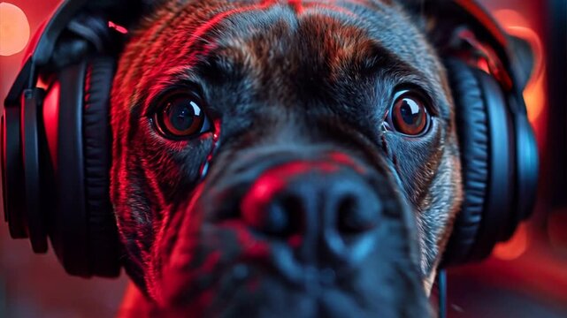 Dog's Nightclub Vibe: A brindle dog rocks out with headphones, bathed in neon light, capturing the human-like enjoyment of music. 