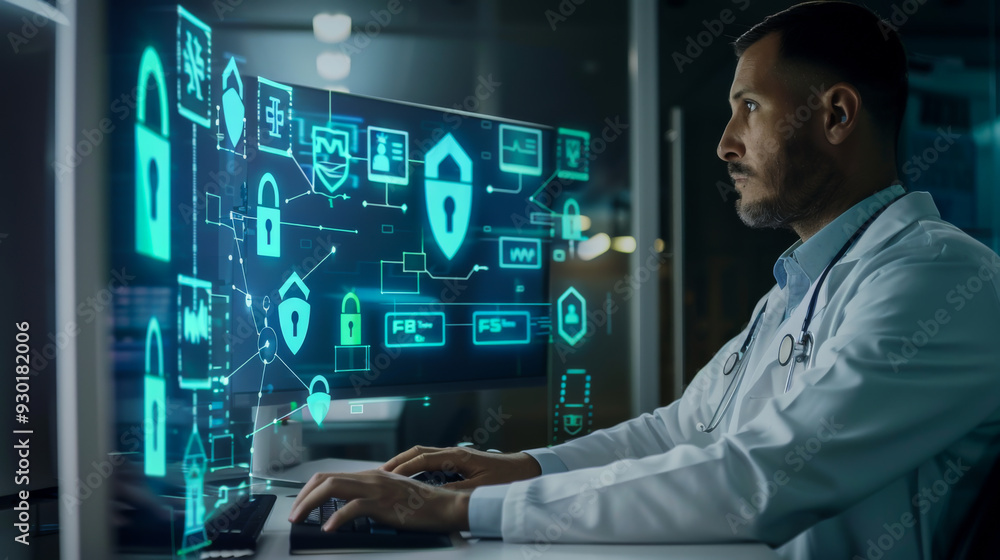 Poster portrait of a scientist in a white coat working in a modern secure laptop computer with a large scre