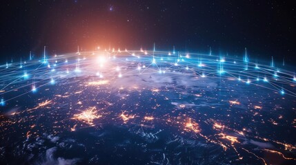 Obraz premium Communication technology with global internet network connected around the world. Telecommunication and data transfer international connection links. IoT, finance, business, blockchain, security.