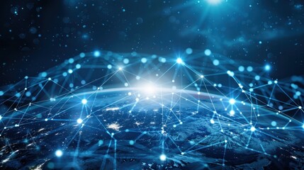Obraz premium Communication technology with global internet network connected around the world. Telecommunication and data transfer international connection links. IoT, finance, business, blockchain, security.