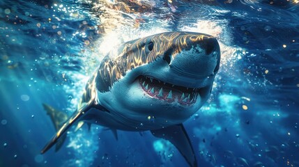 Fototapeta premium Great white shark gliding through blue waters (focus on, powerful presence, vibrant, Overlay, Underwater realm)