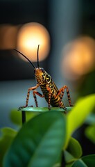 A vibrant grasshopper perched on a leaf, showcasing its detailed patterns against a softly illuminated background.
