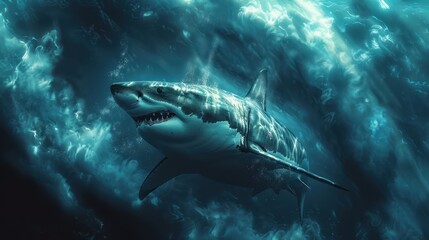 Fototapeta premium Great white shark navigating the deep blue (selective focus, marine power, ethereal, Manipulation, Underwater canyon)