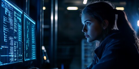 An ultra-realistic, editorial photo of a female cybersecurity analyst analyzing AI cyberspace threats on a computer screen in a dark digital tech office or data center. 