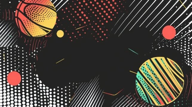Dynamic sports-themed halftone memphis style background in black with vibrant geometric shapes and retro aesthetic for athletic event posters, flyers, and social media graphics
