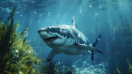 Fototapeta premium Great white shark swimming near the ocean floor (close up, apex predator, futuristic, Composite, Marine trench)