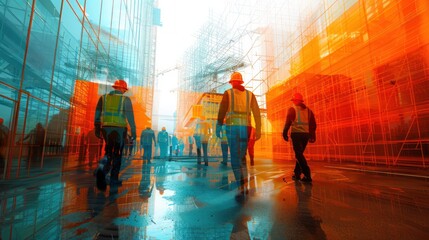 Group of construction workers in reflective vests (focus on, collaborative planning, dynamic, Overlay, Urban development site)