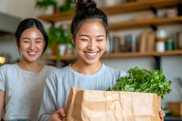 Happy Women with Fresh Groceries in Kitchen