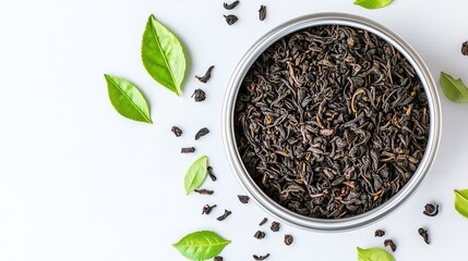 Close-up of black tea leaves in a tin with green leaves on a white background, perfect for beverage and herbal themes.