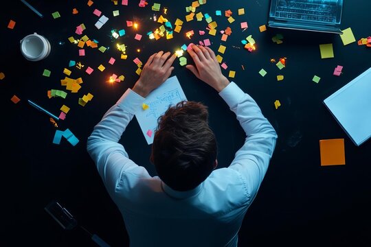 An overhead view of a person brainstorming with colorful sticky notes on a dark desk, surrounded by tools of creativity and focus.