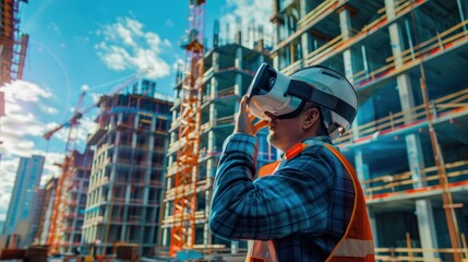 Construction planning architect with VR glasses, Futuristic technology