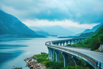 A majestic bridge spans the tranquil waters connecting distant shores on a bright sunny day