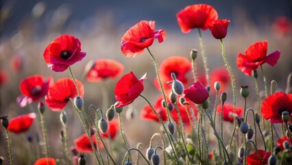 Vibrant red poppy flowers sway gently in the breeze, filling a serene landscape with a poignant reminder of sacrifice and remembrance for fallen heroes.