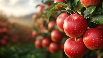 Obraz premium Vibrant red apples hanging on a tree branch, illuminated by soft sunlight in a lush orchard, showcasing nature's bounty.
