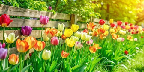 Vibrant tulips in every color of the rainbow bloom vigorously along a rustic wooden fence, creating a stunning garden border on a sunny spring day.