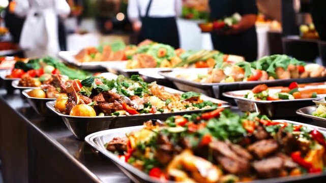 Catering buffet food. Delicious colorful meat and vegetable dishes on festive party background
