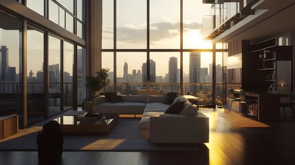 Fototapeta premium Modern Living Room with a City Skyline View