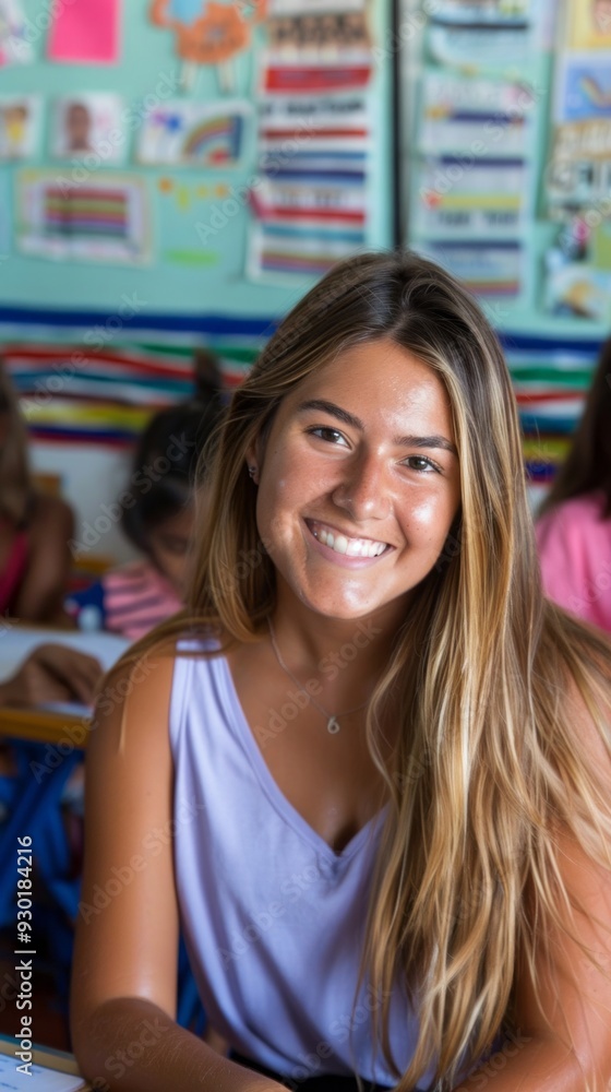 Poster A teacher smiles while guiding a student in a colorful classroom environment filled with active learners