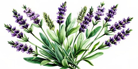 Fototapeta premium Delicate lavender sprigs in soft purple and green hues dance across a crisp white background in a whimsical watercolor illustration evoking serenity and elegance.