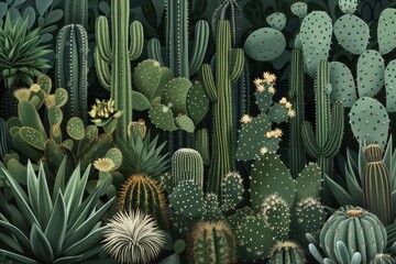 Fototapeta premium A detailed print of different types of cacti, highlighting their unique shapes, spines, and occasional flowers.