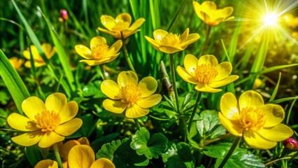 Fototapeta premium Vibrant yellow petals of buttercup flowers shine like tiny suns amidst lush green grass and delicate leaves in a serene natural landscape setting.