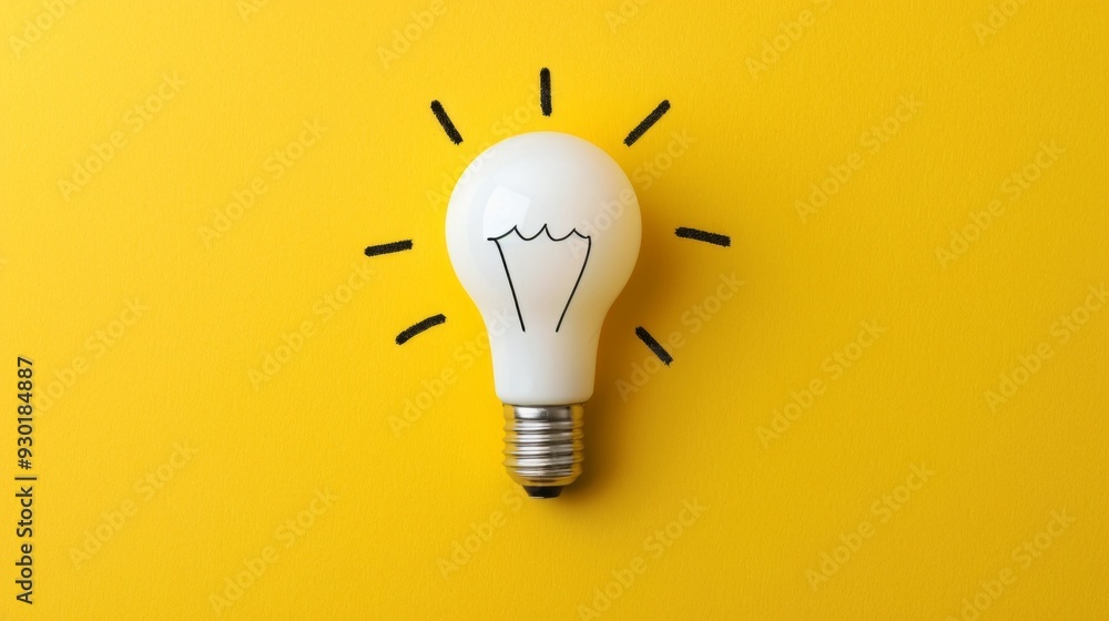 Poster A white light bulb is centered on a bright yellow background, radiating light with graphic lines around it, creating a cheerful and inviting atmosphere