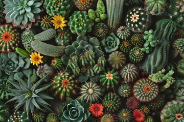 Fototapeta premium A detailed print of different types of cacti, highlighting their unique shapes, spines, and occasional flowers.