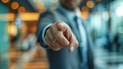Index finger of businessman pointing during a talk (focus on, influential communication, dynamic, Overlay, Executive lounge)